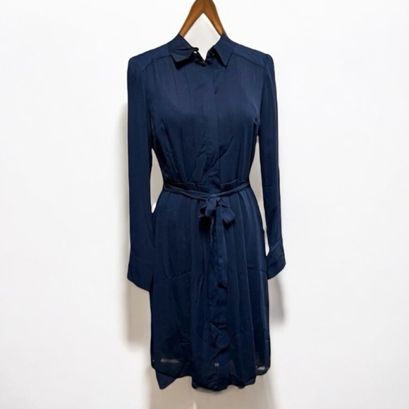 🌻NEW w/tag Nanette Lepore Navy Blue Pleated Waist Tie Shirt Dress Size 4. - Picture 2 of 11